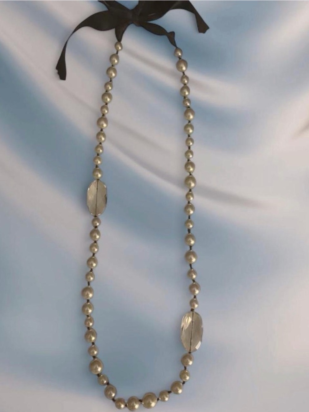 Ann Taylor Cream Pearl Necklace with Black Ribbon